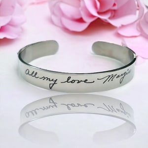 Handwriting Bracelet Engraved with Actual Handwriting Signature - Stainless Steel Cuff Bangle - Choice of Color - Memorial Jewelry