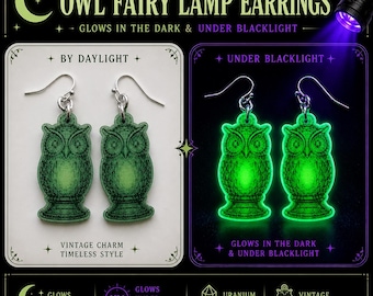 Vintage Owl Fairy Lamp Earrings, Uranium Glass Look, Glow in the Dark Earrings, Blacklight UV Reactive, Owl Jewelry, Antique Lover Gift