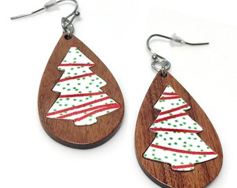 Christmas Snack Cake Tree Earrings - Walnut Dangle Drop Earrings with inlay