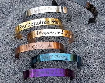 Custom Cuff Bracelet Engraved - Your choice of color: Silver, Gold, Rose Gold, Brown, Blue, Purple, Black