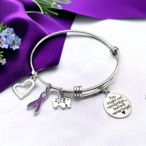 You Might Not Remember but I Will Never Forget Dementia Awareness Charm Bangle Bracelet with Purple Ribbon and Elephant Pendant