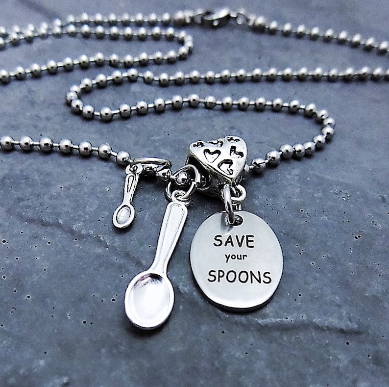 Spoon Necklace Save Your Spoons Tiny Spoon Charm Spoonie Jewelry Chronic Illness Stainless Steel Chain Necklace Spoon Theory image 1