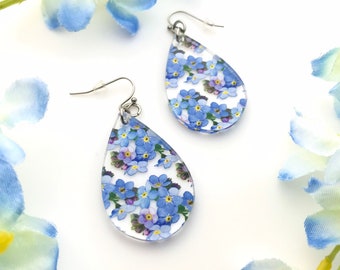 Forget Me Not Dangle Earrings - Patterned Acrylic Teardrop Shape - Floral Jewelry