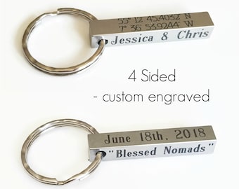 Custom Engraved 4-Sided Keychain, Personalized Stainless Steel Pendant