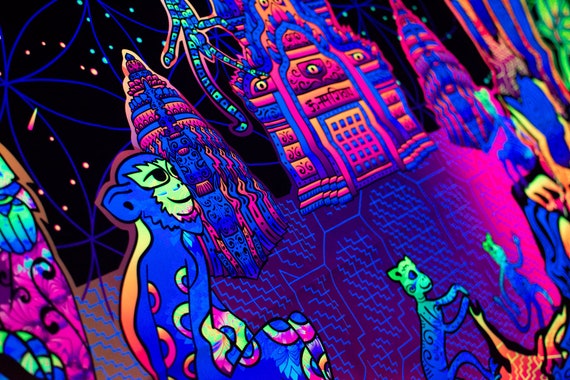 Trip to Nebula UV Backdrop Psychedelic Fluorescent Wall Art Ready to Ship in 1-2 Days Trippy Tapestry