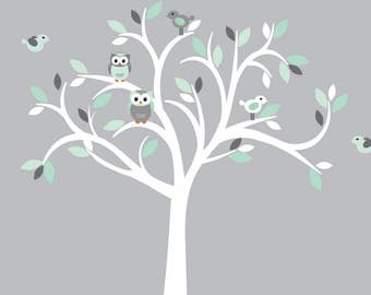 White Tree Wall Decal, Owl wall decal, Owl tree wall sticker, Mint and grey Owl wall Decor, Mint & Grey Design with White Tree