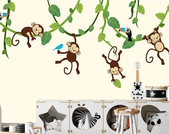 Removable Wall Decal Funny Monkey Hanging from Tree and Holding Banana Jungle Animals Theme Mascot Print 3D Wall Stickers Self Adhesive for Washroom Bathroom Shower Room Decors W8xH11 INCH