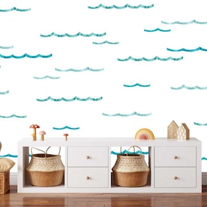 Peel and Stick Waves, Ocean Waves Wall Decor, Repositionable Waves Wall Stickers, Teal and Aquas