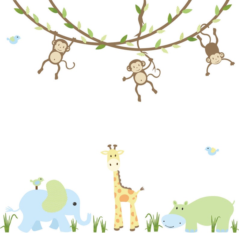 Monkey Vine Wall Decal Safari Animal Stickers Decor Jungle Pastel Nursery Friends Design