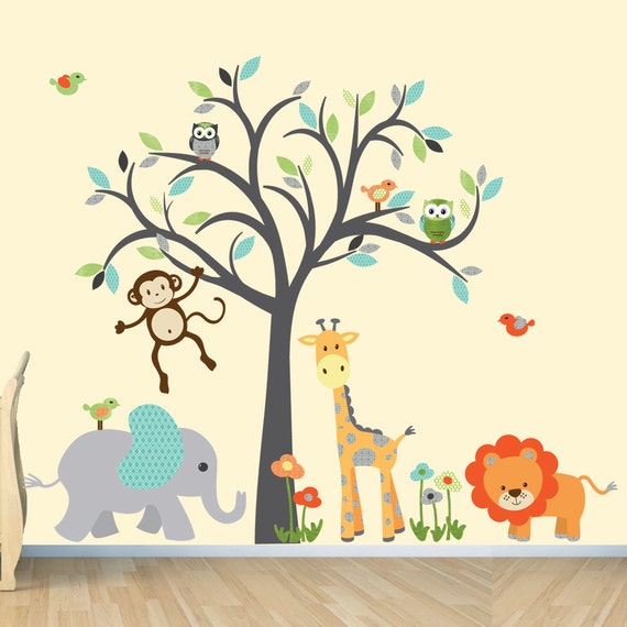 Boy Room Wall Decal Stickers Safari Animal Nursery Modern Design With Orange Lion