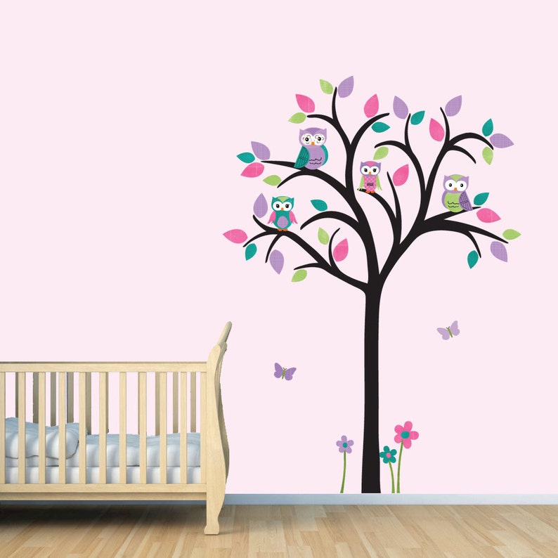 Owl Tree Wall Decal Decor For Nursery Retro Girl Design Black