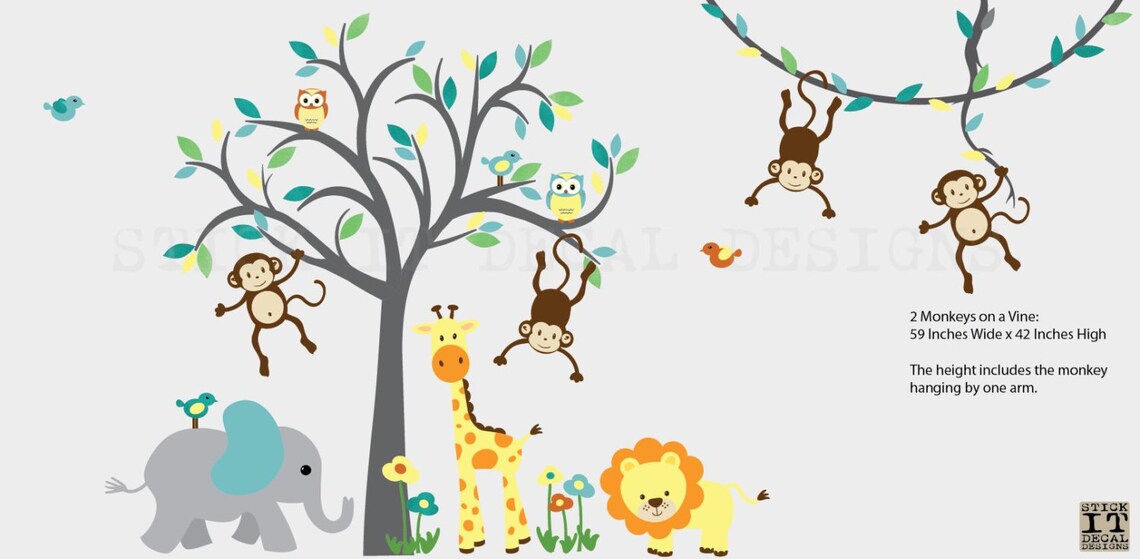 Safari Animal Wall Decal Tree Wall Decal Jungle Animal Wall Etsy