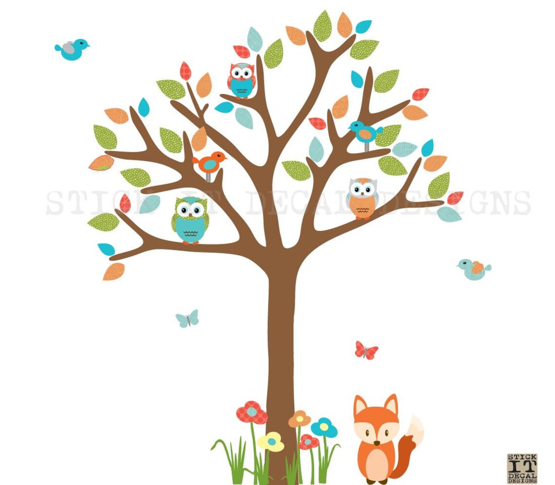 Nursery Wall Decal Owl Tree Decal Owl Art Fox Decal Baby Etsy