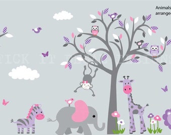 Nursery wall decal, peel and stick wall decal, Wall stickers, jungle wall decal, Berry Dreams Design / Grey Tree and Side Branch