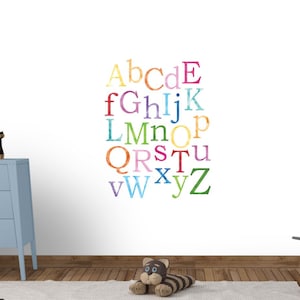 Watercolor Alphabet Wall Decal, Nursery Wall Decal, Peel and Stick Alphabet Wall Art, Reusable and Repositionable Decal, Rainbow Colors