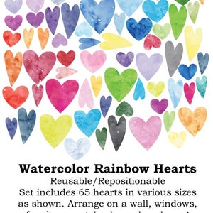 Watercolor Heart Decals, Peel and Stick Decal, Reusable Wall Decal, Repositionable Wall Decal by JM Design Studio / Set of 65