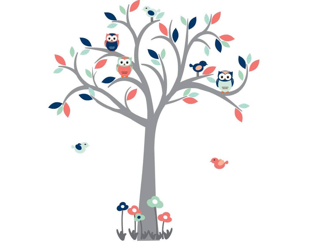 Owl Tree Wall Decal Nursery Wall Decal Coral Navy Wall Etsy