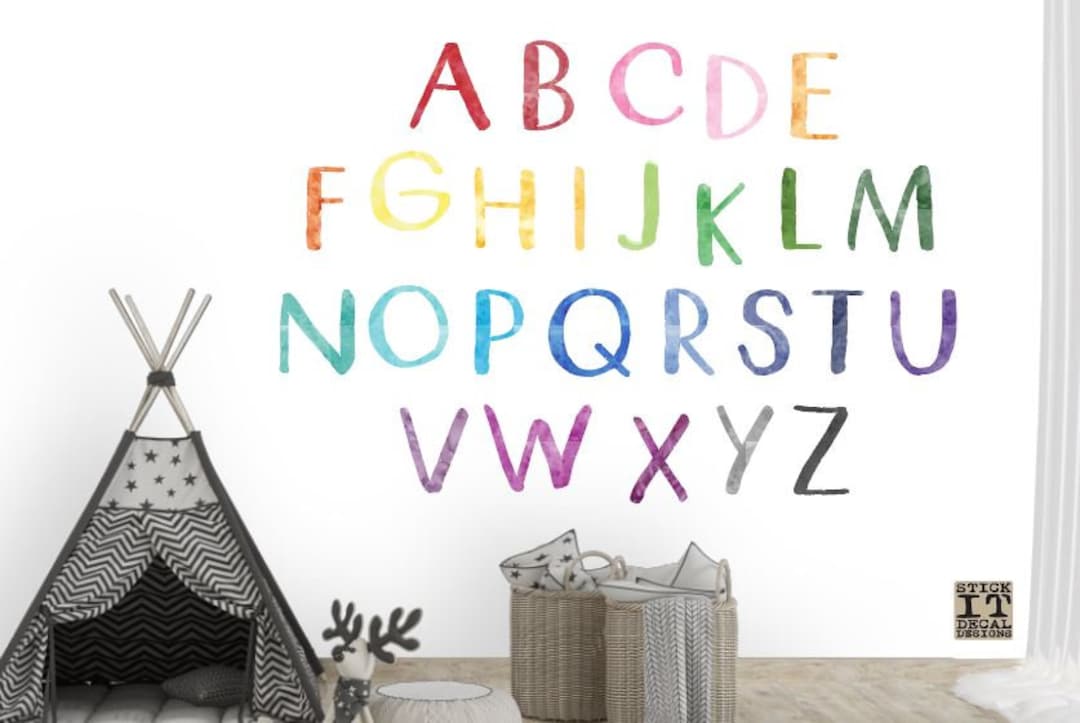 Watercolor Alphabet Set, Peel and Stick Decal, Reusable Wall Decal ...