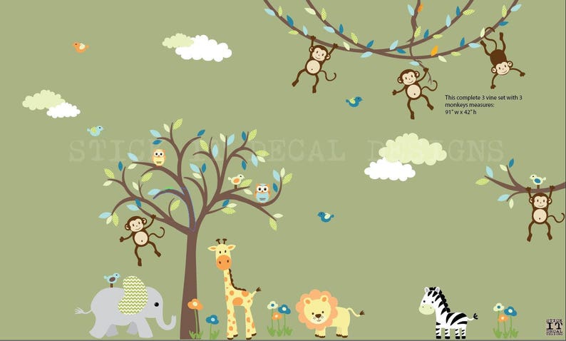 Jungle Decals Wall Nursery Decal Monkey Vine Giraffe Elephant Lion Zebra 4 Monkeys Xl Celery Mist Design
