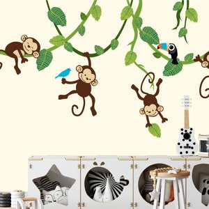 Hanging Monkey Wall Decal, Monkey Vines, Peel and Stick Monkey Decal, Nursery Wall Decal, Repositionable