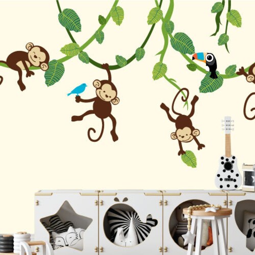 Nursery Wall Decal Jungle Monkey Wall Decals Hanging Monkeys Etsy