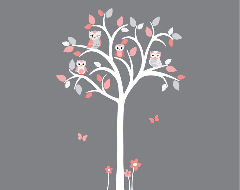 White Tree Wall Decal Girl Owl Tree Wall Decal Pink and Grey Etsy