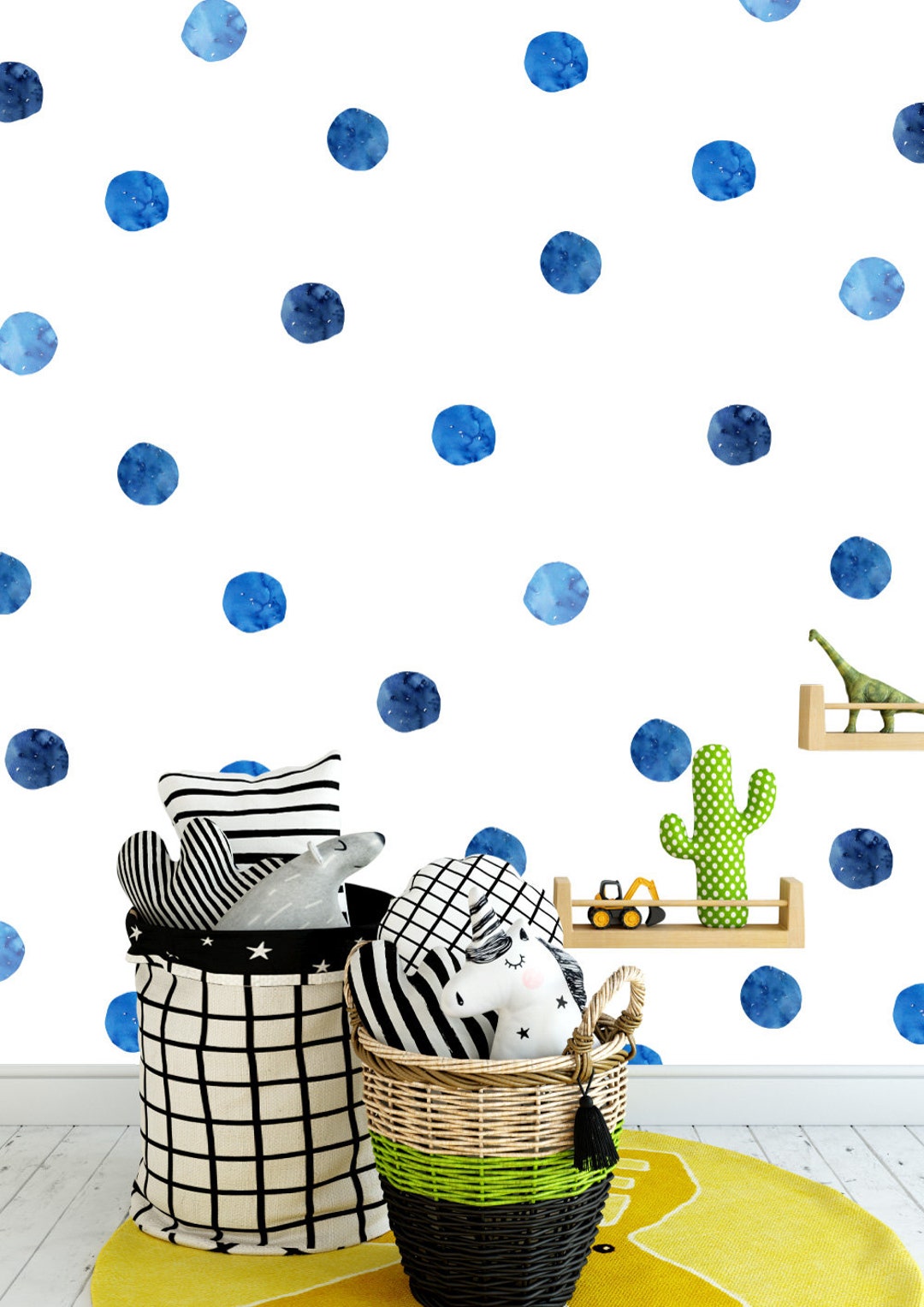 Indigo Watercolor Dots, Peel and Stick Decal, Reusable Wall Decal