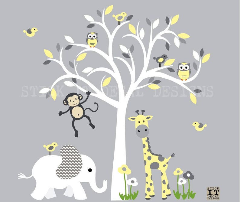 nursery wall decal Grey Chevron with Buttercream Design Baby nursery wall decal White Tree wall decal kids room decor