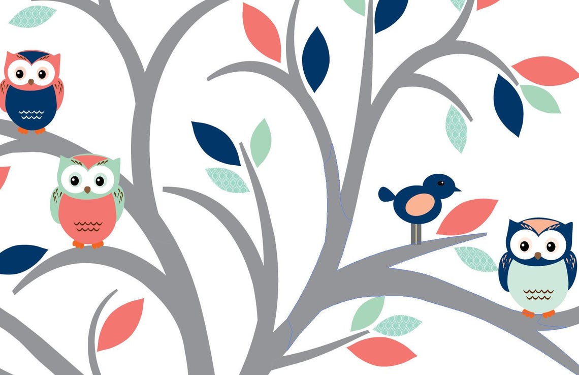 Owl Tree Wall Decal Nursery Wall Decal Coral Navy Wall Etsy