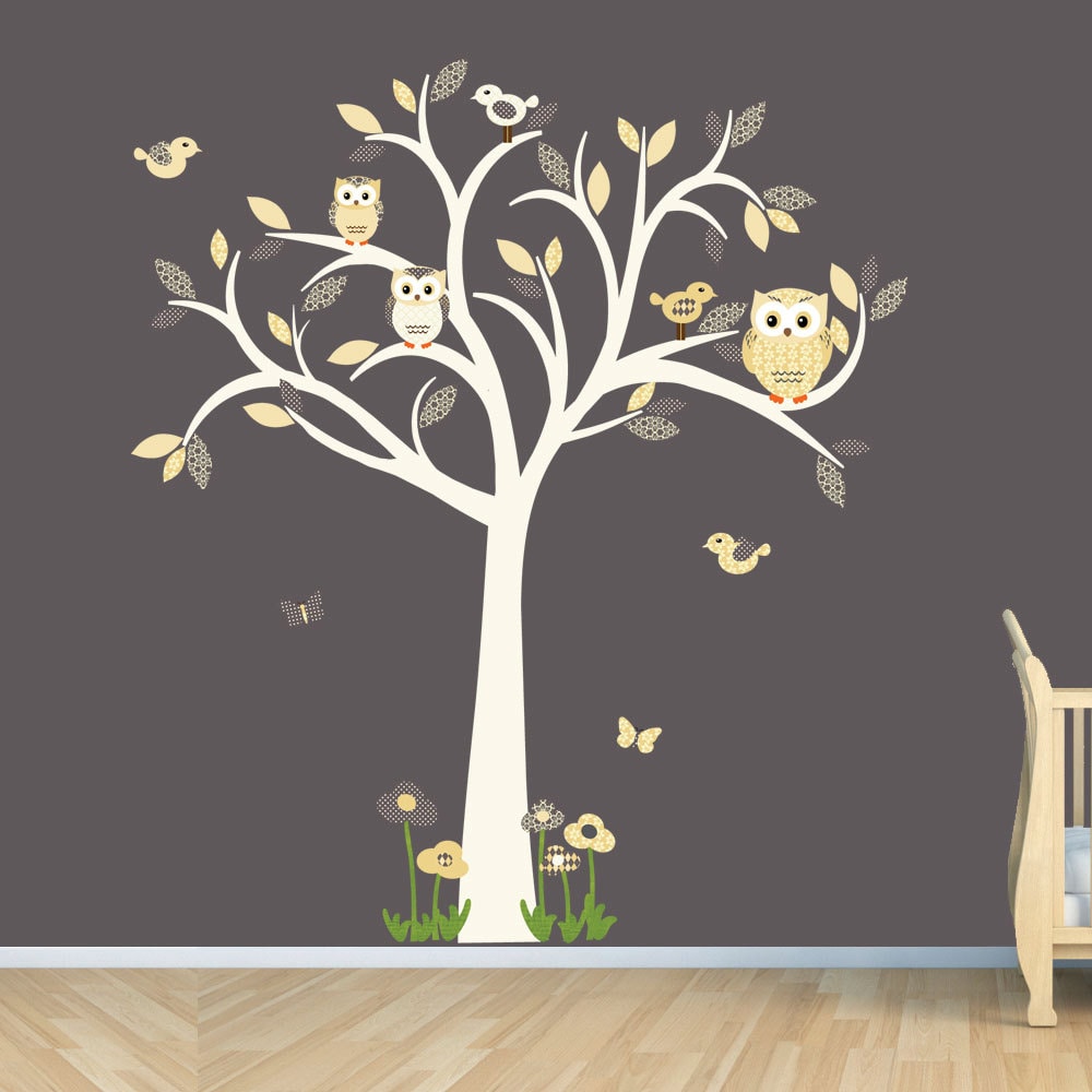 Owl decal Owl tree wall sticker Goldish Yelllow Grey Owl Etsy