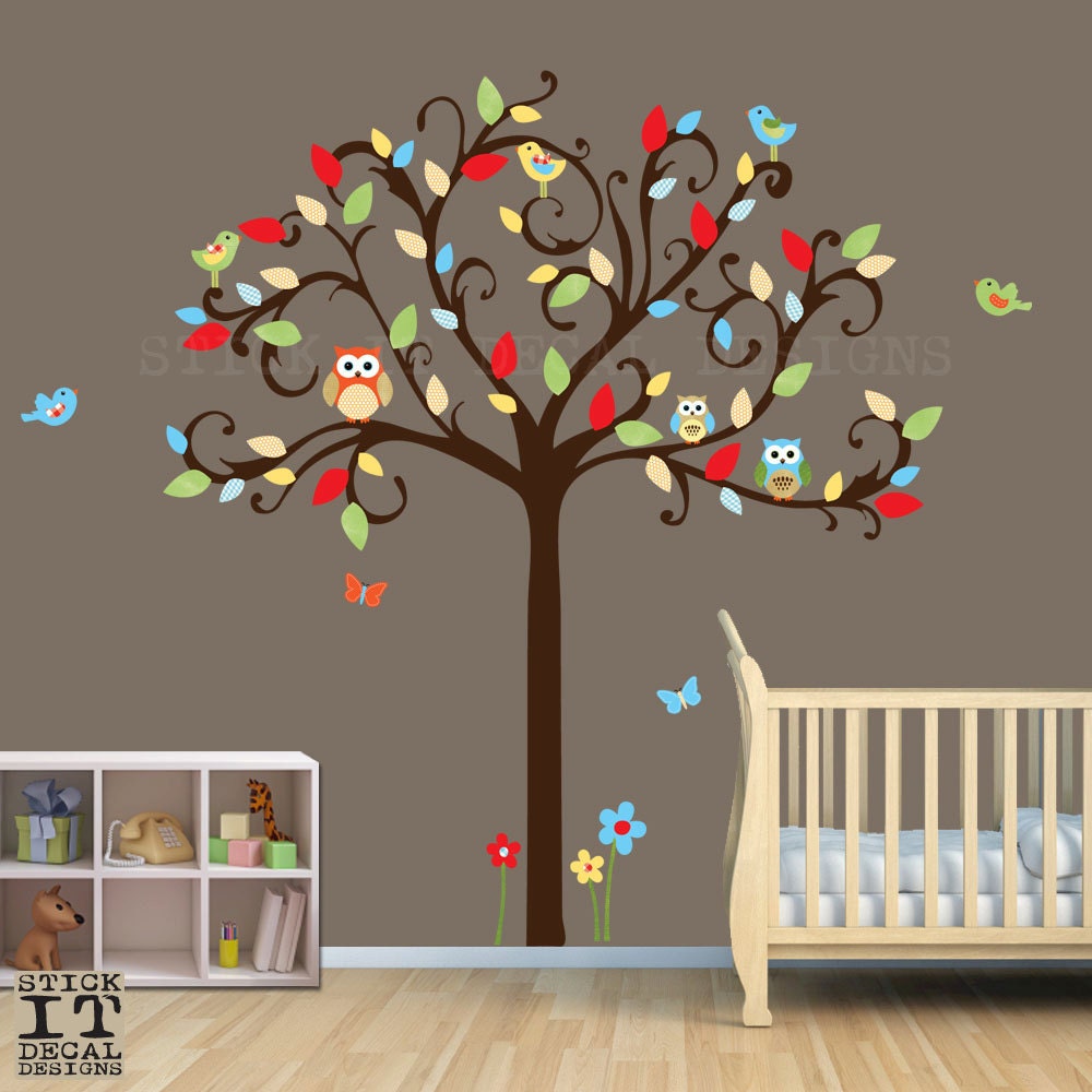 Owl Tree Decal Owl Decal Owl Nursery Decor Scroll Tree Etsy