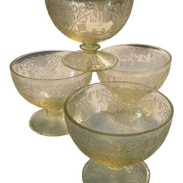 4 yellow glass etched pedestal depression glass sherbet dessert cups