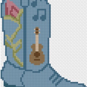 May include: A light blue cross-stitch design of a cowboy boot. The boot features a pink rose, musical notes, and a brown guitar. The heel and toe are detailed with stitching. The background is white.