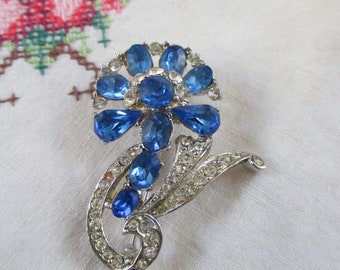 Vintage - retro Royal Blue and clear  Rhinestone floral brooch/pin  - Estate find!---COMBINED SHIPPING