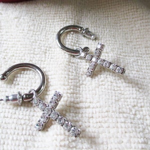 Vintage retro Rhinestone cross/crucifix earring pair for pierced ears Drop Earrings Makes a great GIFT with a statement Estate find image 1