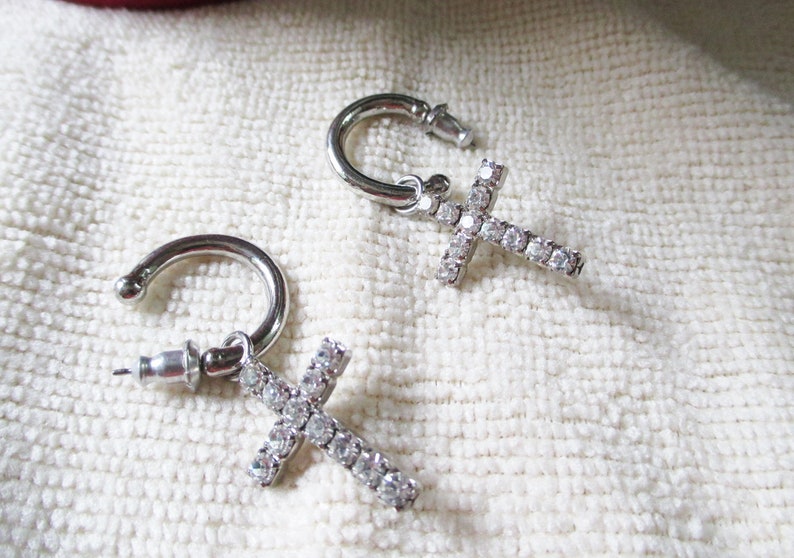 Vintage retro Rhinestone cross/crucifix earring pair for pierced ears Drop Earrings Makes a great GIFT with a statement Estate find image 1