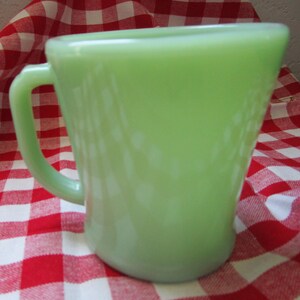 Vintage RARE  flat bottom Fire King Oven Ware Jadeite D handle mug is stamped on bottom coffee/shaving mug- no chips or cracks- Estate find!