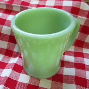 May include: A light green, vintage-style mug with a rounded handle. The mug has a smooth, glossy finish and a slightly flared shape. The mug is sitting on a red and white checkered tablecloth.