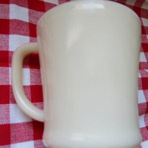 Vintage RARE  flat bottom Fire King Oven Ware IVORY D handle mug is stamped on bottom-coffee/shaving mug - no chips or cracks-Estate find!