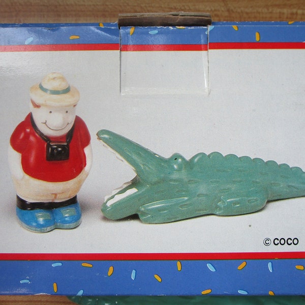 Vintage Alligator and old man sale and pepper in original box , set from a collection of over 400 pairs - Made in USA -Estate find!