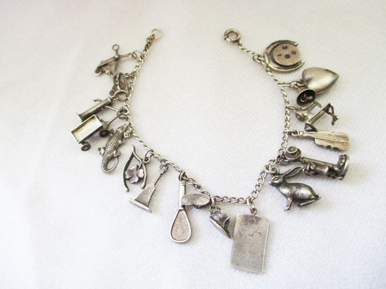 Vintage Sterling SIlver bracelet with 16 charms Awesome Estate find COMBINED SHIPPING image 4