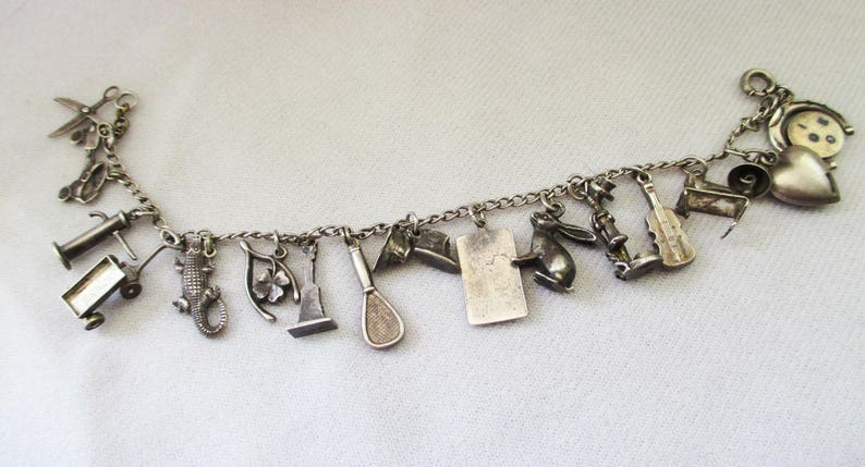 Vintage Sterling SIlver bracelet with 16 charms Awesome Estate find COMBINED SHIPPING image 1