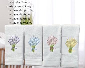 Guest fingertip towels with floral embroidery, lavender, orchid. Soft cloth 30 x 50 cm for hands