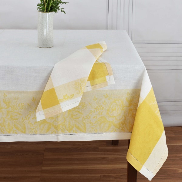 Yellow floral tablecloth rectangular.  Summer lemon yellow white table cover. Jacquard country table cloth. Farmhouse tabletop heirloom gift