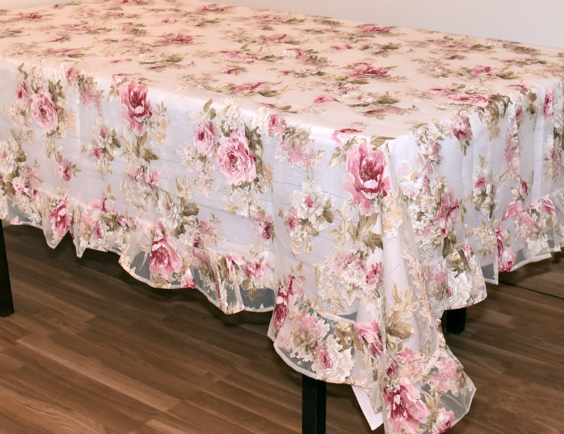 Shabby chic organza tablecloth pink rose rectangle tablecloths Etsy