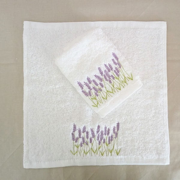 Embroidered rural lavender washcloths mini towels. Floral botanical embroidery. Soft guest towels. Small square cloths for bathroom, bidet.
