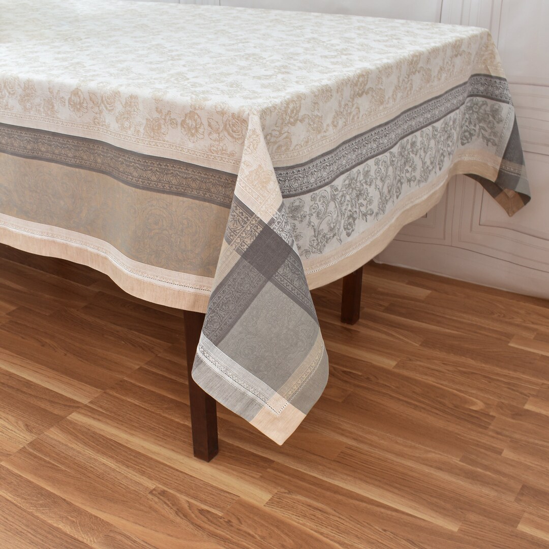 Rectangle Beige Jacquard Tablecloth. Quality Table Linen Cover. Flower Jubilee Party Napery