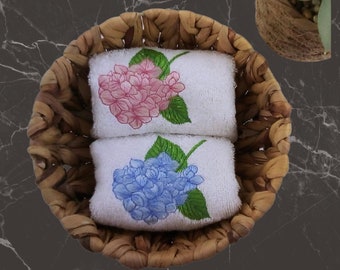 Mini face washcloth with blue pink hydrangea embroidery. Bathroom accessory for guests. Soft bide towel. Small hand napkin . Mini towels