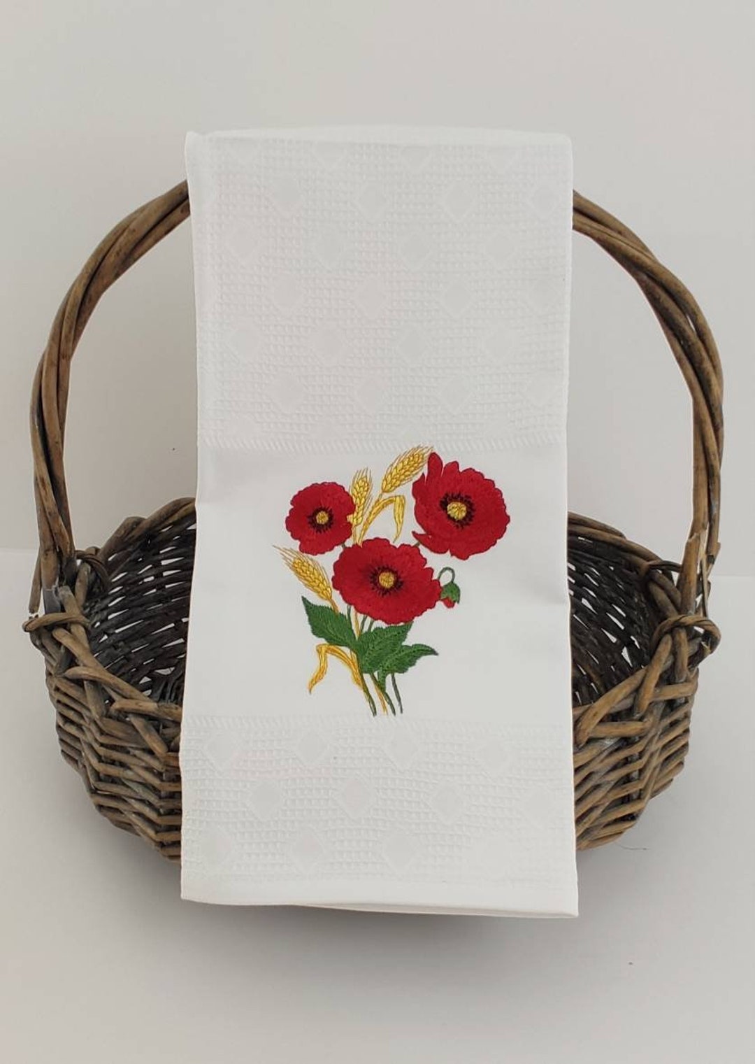 Poppy Tea Towel, Red Flowers Hand Towels. Oven Door Stove Handle Towels