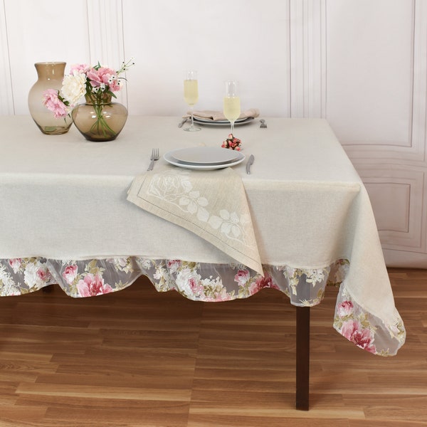 Nappe Shabby chic, roses roses en organza à volants, nappes rectangulaires, plateau rond pour le salon